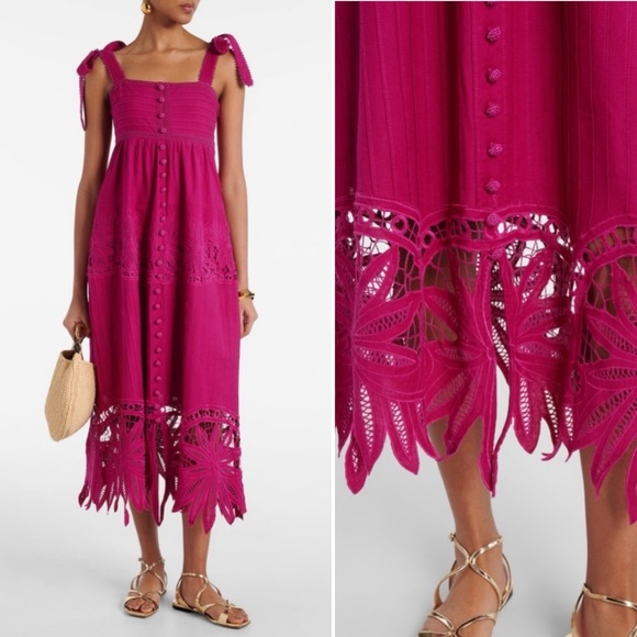 Farm Rio Daisy Cutwork Embroidered Sleeveless Tie Strap Pink Midi Dress size XS - Picture 2 of 13